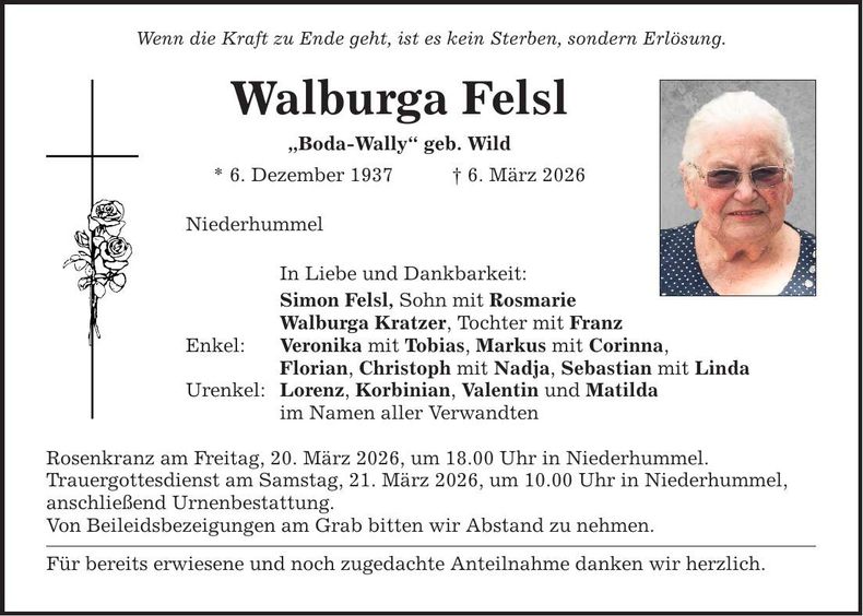 Traueranzeige Walburga Felsl