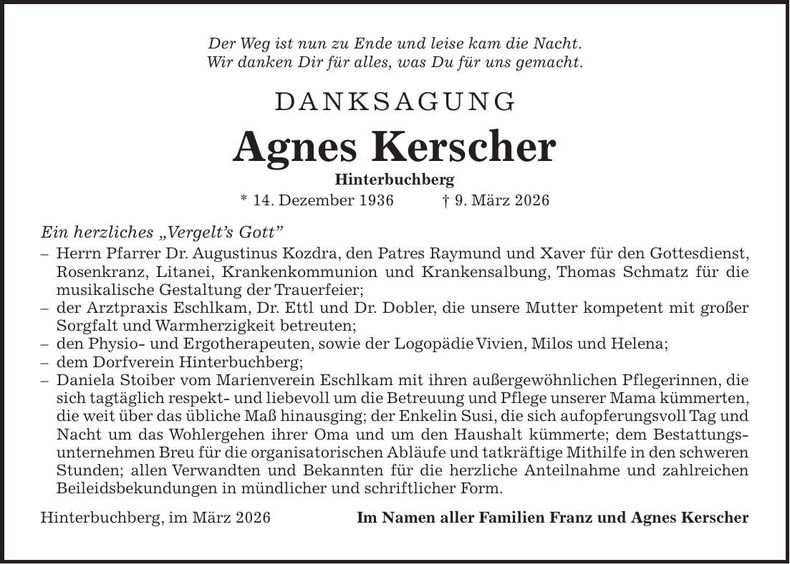 Traueranzeige Agnes Kerscher