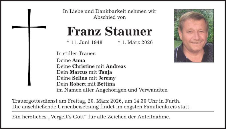 Traueranzeige Franz Stauner