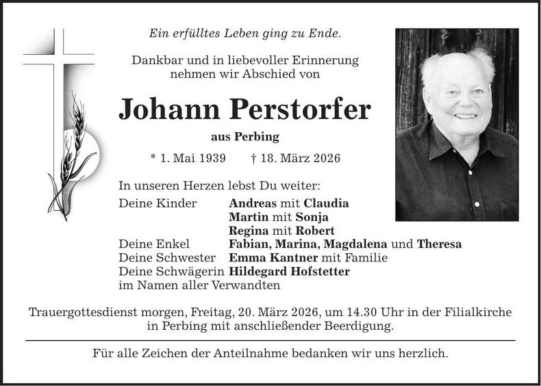 Traueranzeige Johann Perstorfer