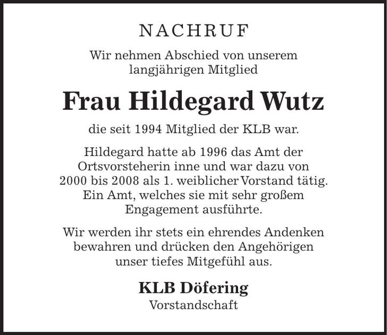 Traueranzeige Hildegard Wutz