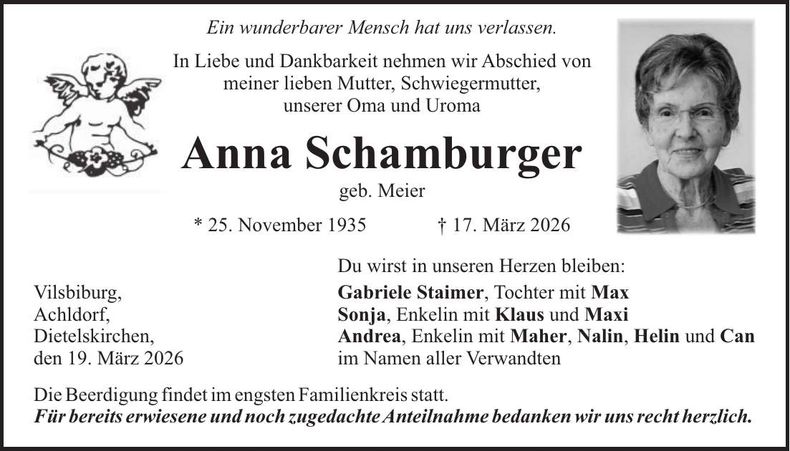Traueranzeige Anna Schamburger