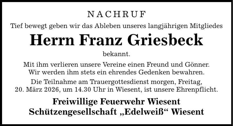 Traueranzeige Franz Griesbeck