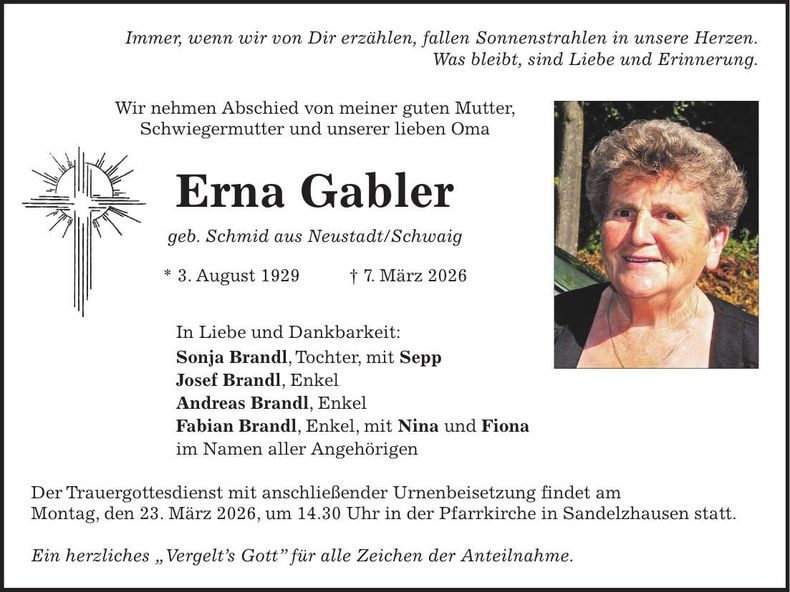 Traueranzeige Erna Gabler