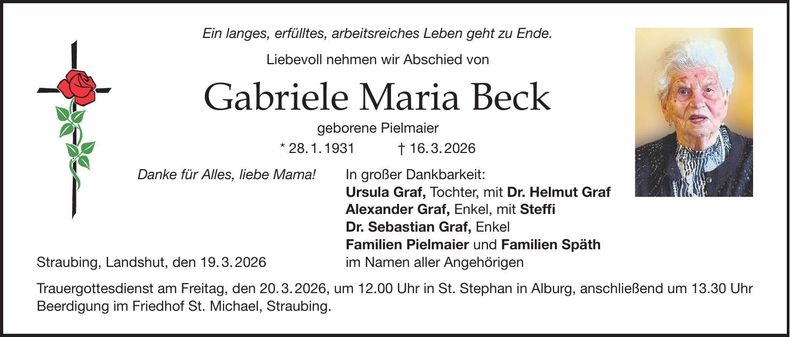 Traueranzeige Gabriele Maria Beck