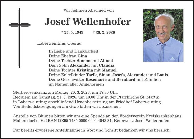 Traueranzeige Josef Wellenhofer