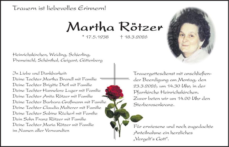 Traueranzeige Martha Rötzer