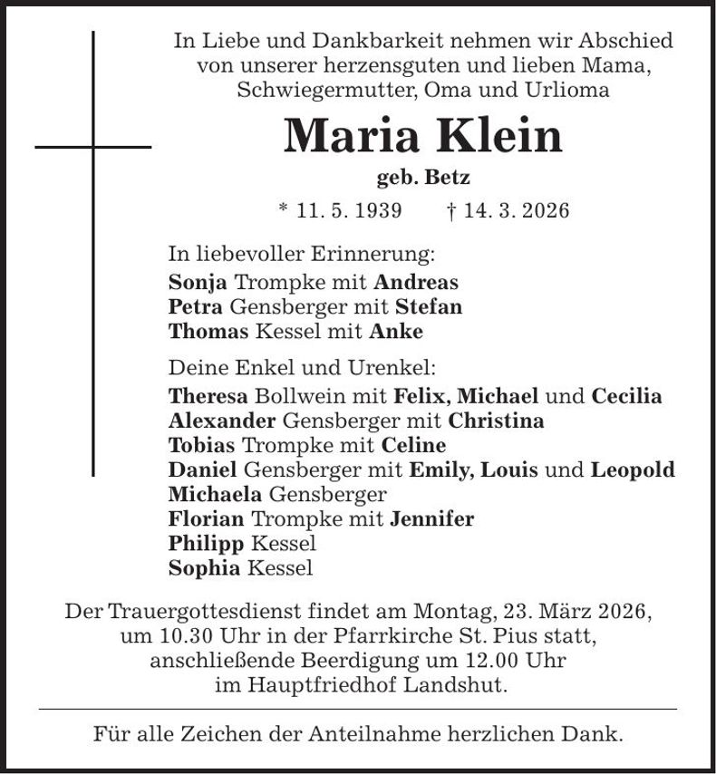 Traueranzeige Maria Klein