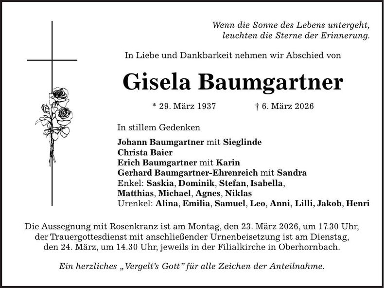 Traueranzeige Gisela Baumgartner