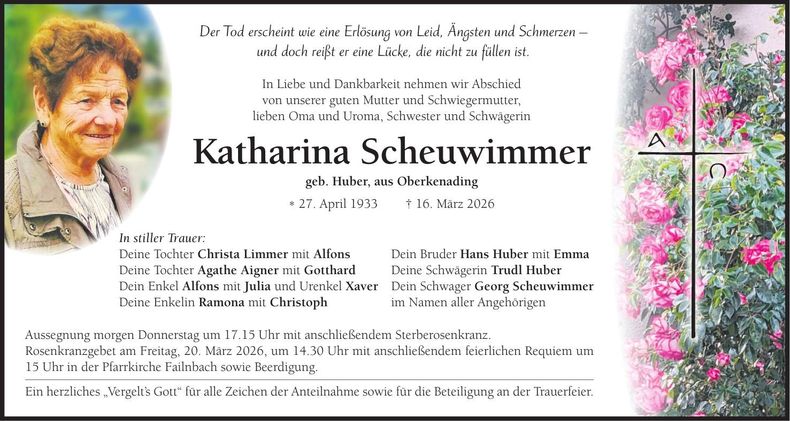 Traueranzeige Katharina Scheuwimmer