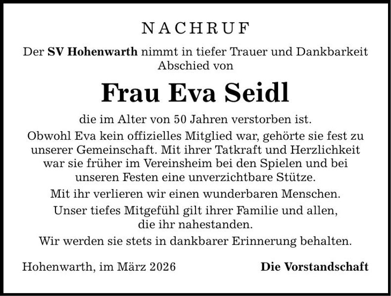 Traueranzeige Eva Seidl