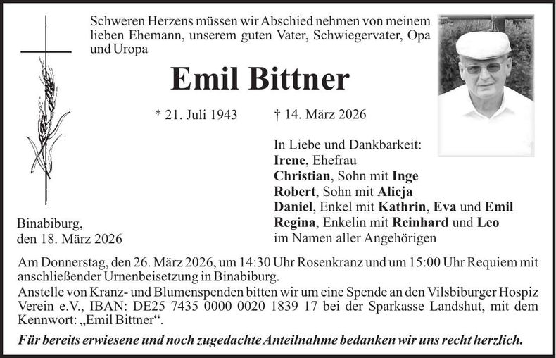 Traueranzeige Emil Bittner