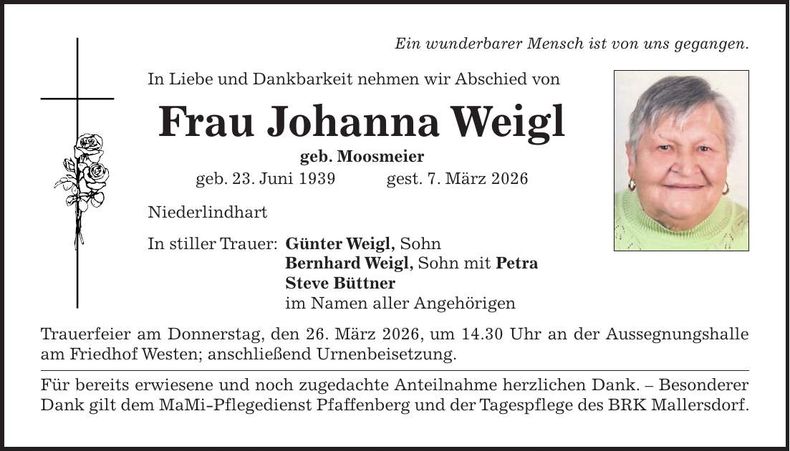Traueranzeige Johanna Weigl