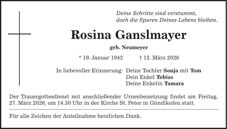 Traueranzeige Rosina Ganslmayer