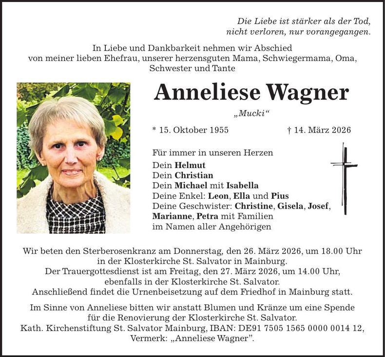 Traueranzeige Anneliese Wagner