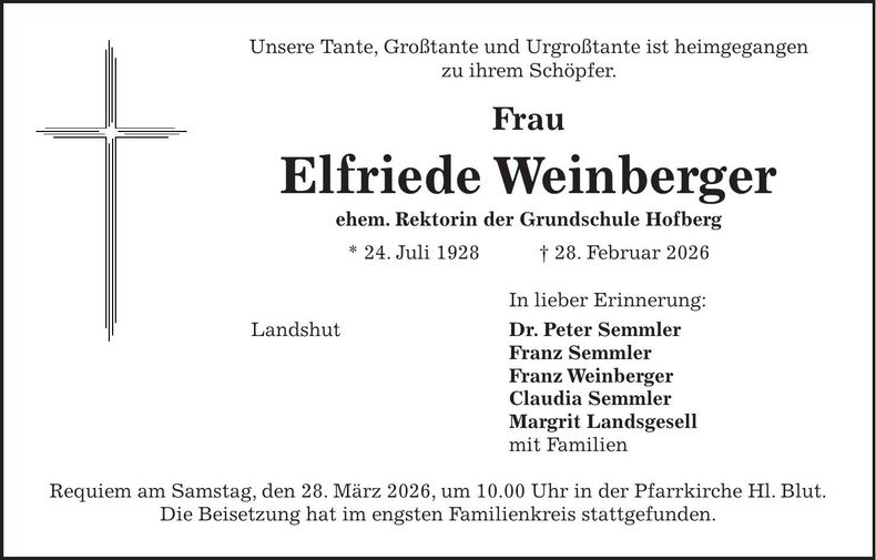 Traueranzeige Elfriede Weinberger
