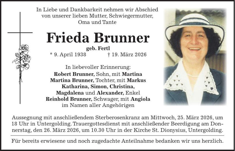 Traueranzeige Frieda Brunner