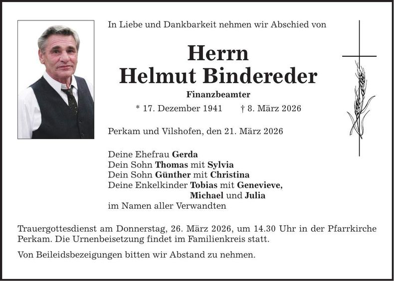 Traueranzeige Helmut Bindereder