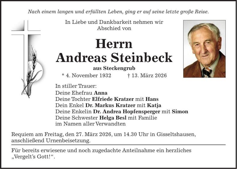 Traueranzeige Andreas Steinbeck