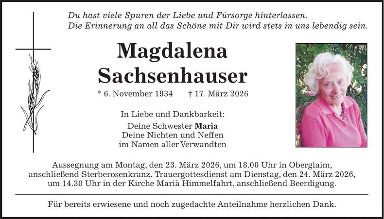 Traueranzeige Magdalena Sachsenhauser