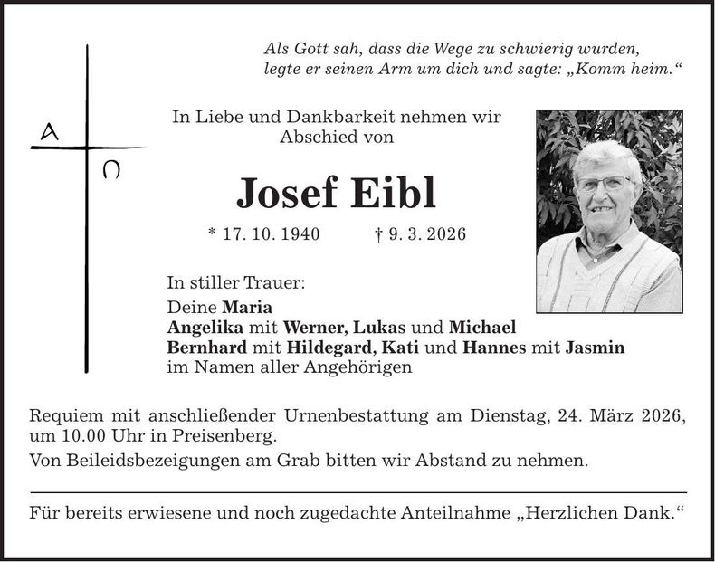 Traueranzeige Josef Eibl