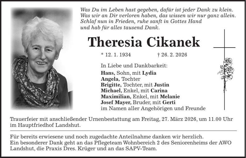 Traueranzeige Theresia Cikanek