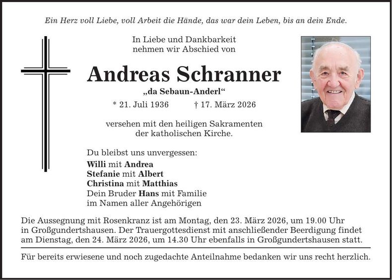 Traueranzeige Andreas Schranner