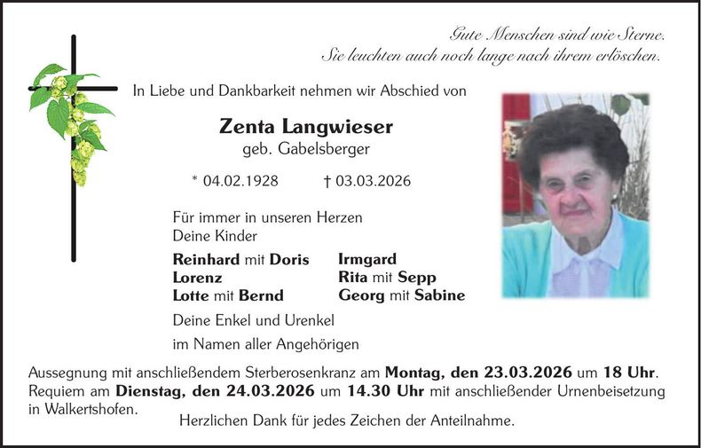 Traueranzeige Zenta Langwieser