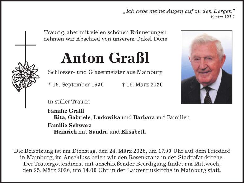 Traueranzeige Anton Graßl