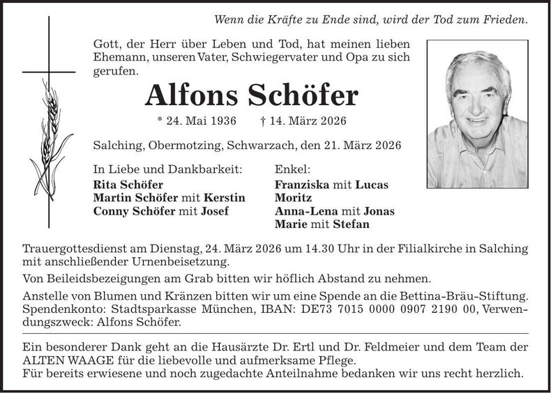 Traueranzeige Alfons Schöfer