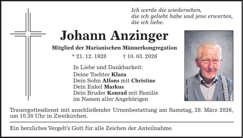 Traueranzeige Johann Anzinger