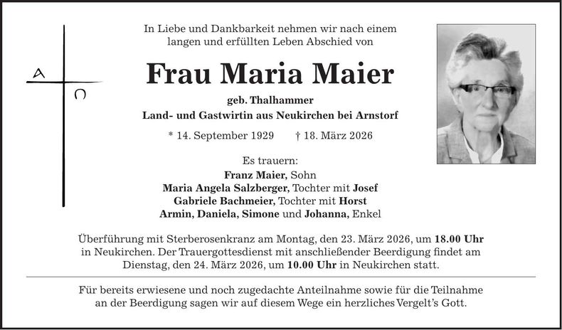 Traueranzeige Maria Maier