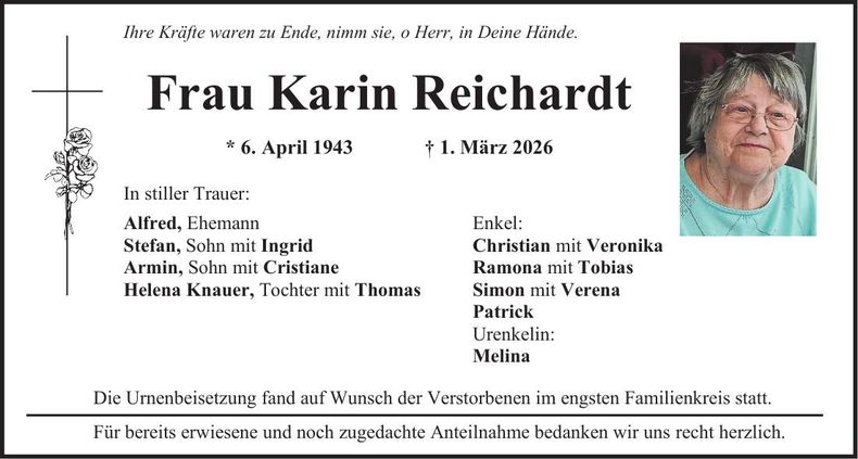 Traueranzeige Karin Reichardt