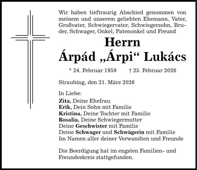 Traueranzeige Árpád Árpád