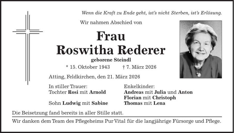 Traueranzeige Roswitha Rederer