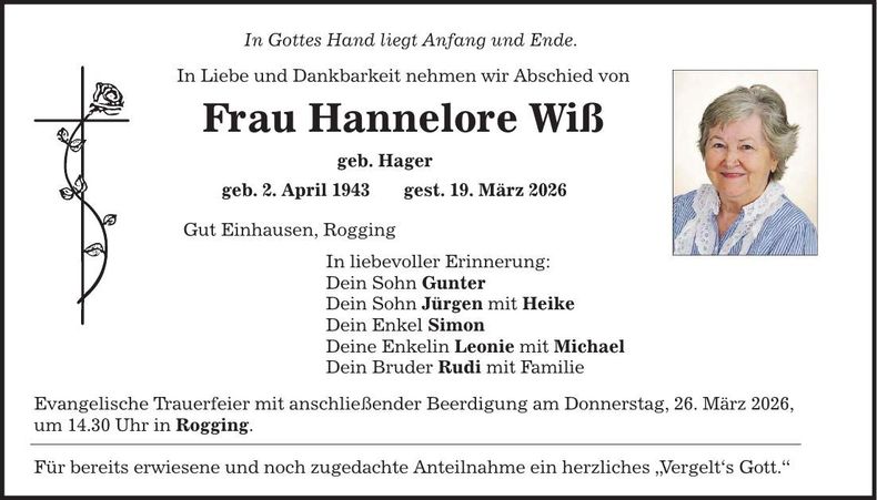Traueranzeige Hannelore Wiß