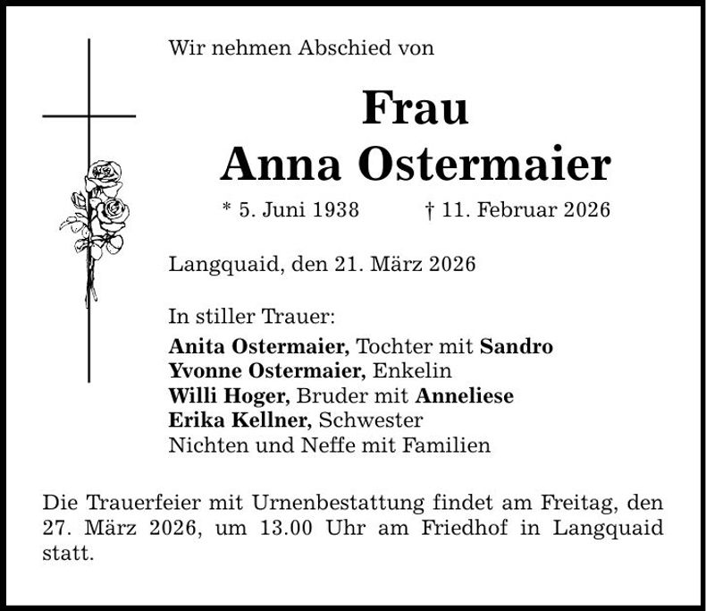 Traueranzeige Anna Ostermaier