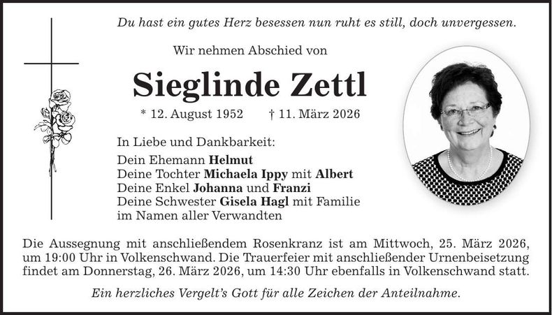 Traueranzeige Sieglinde Zettl