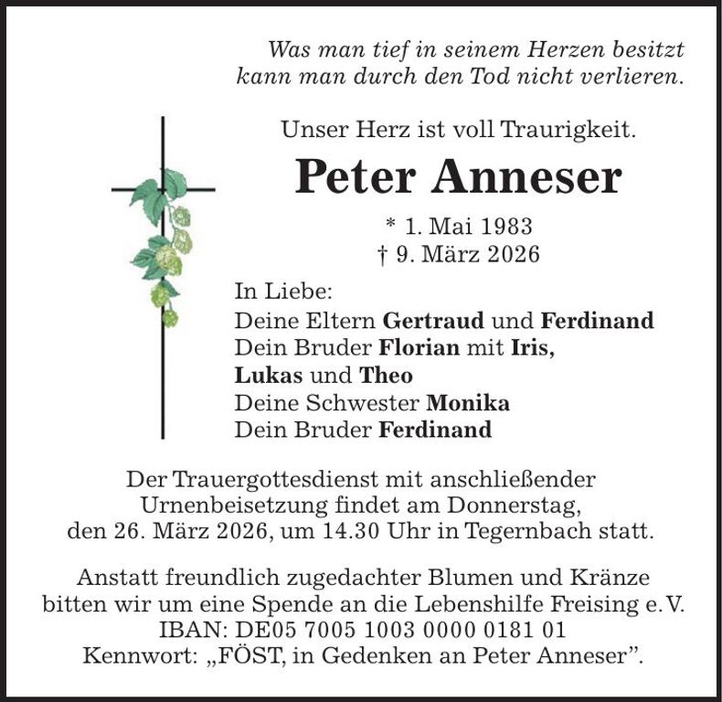 Traueranzeige Peter Anneser