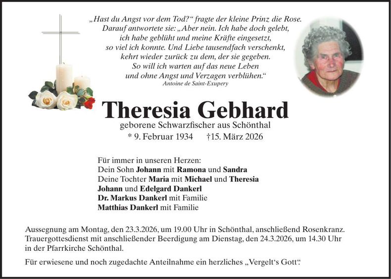 Traueranzeige Theresia Gebhard