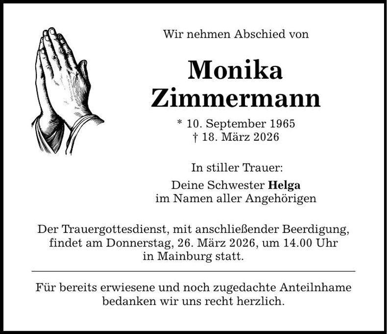 Traueranzeige Monika Zimmermann