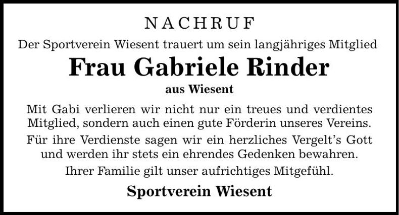 Traueranzeige Gabriele Rinder