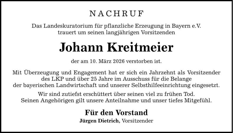 Traueranzeige Johann Kreitmeier