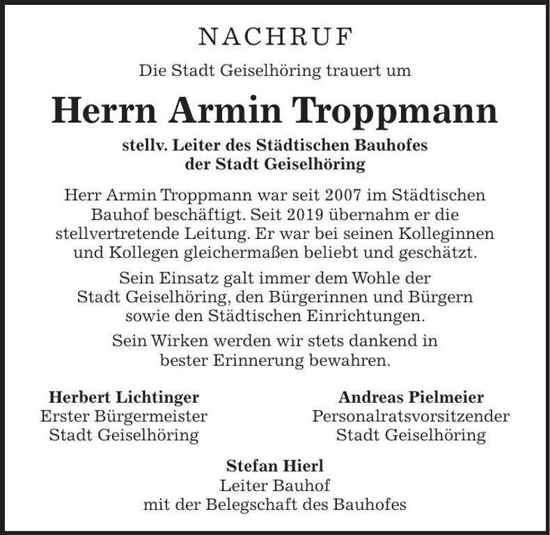 Traueranzeige Armin Troppman