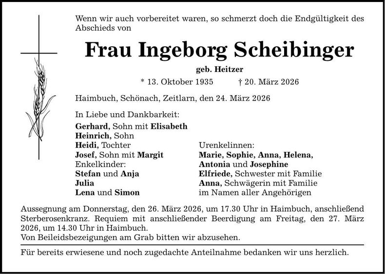Traueranzeige Ingeborg Scheibinger