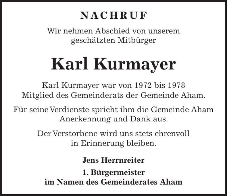 Traueranzeige Karl Kurmayer