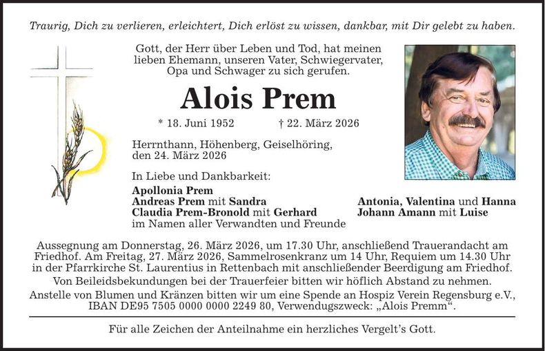 Traueranzeige Alois Prem