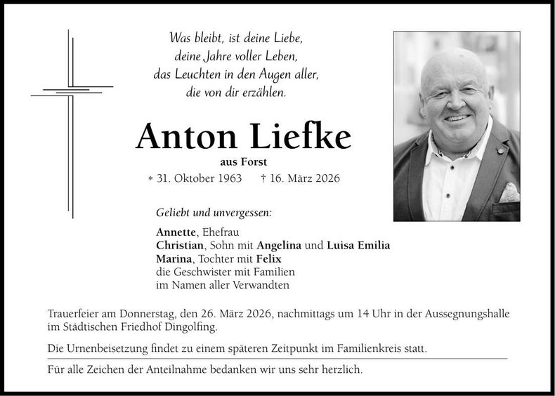 Traueranzeige Anton Liefke