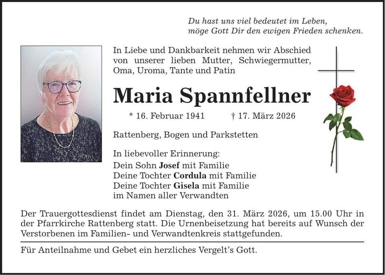 Traueranzeige Maria Spannellner