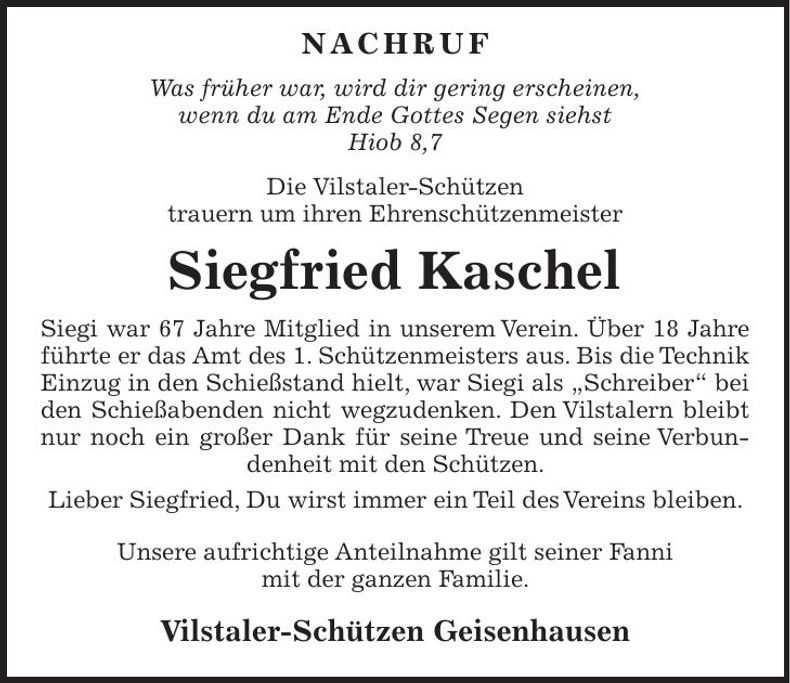 Traueranzeige Siegfried Kaschel